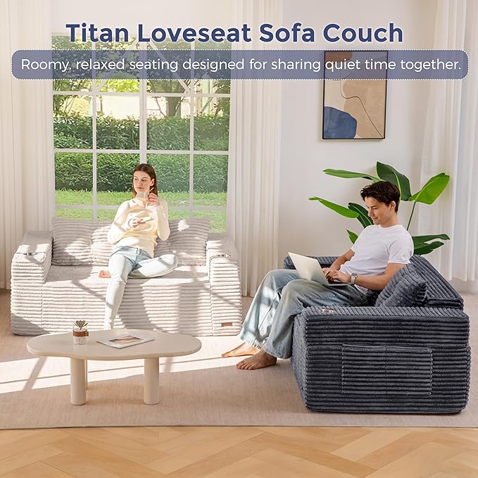 MAXYOYO 63" Boneless Loveseat Sofa Couch for Small Spaces, Mini Love Seat Floor Couch with Cup Holders and Pillows, 2-Seater Upholstered Cloud Couch for Bedroom Apartment, No Assembly Required