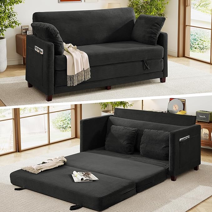 kakuboohi 65" Loveseat Sleeper Sofa Bed, Corduroy Convertible Sofa Bed for Small Spaces, Folding Couch Bed with Deep Seat, 2 Pillows & Solid Frame, Pull Out Floor Couches for Living Room, Black