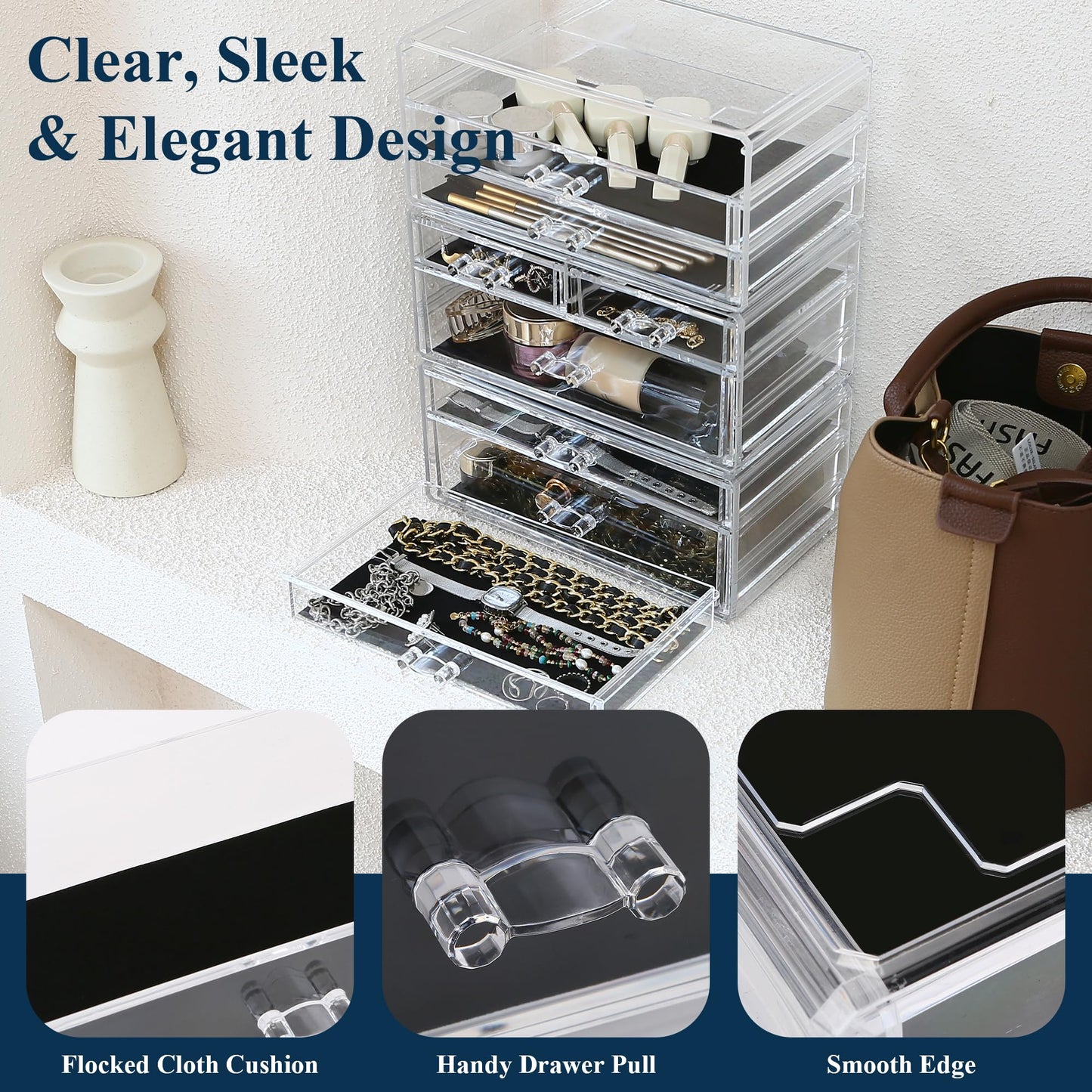 Sea Team 3-Tier Stackable Clear Makeup Organizer with Drawers, Acrylic Plastic Cosmetic Display Case, Jewelry Storage Box, Holde
