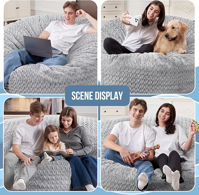 5FT Bean Bag Chair,Giant Bean Bag Chairs for Adults,Big Bean Bags with Memory Foam Filled, Large Beanbag Chairs with Chevron Plush Cover-Light Grey