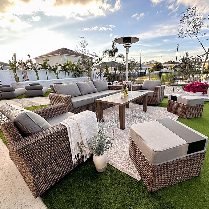 SUNSHINE VALLEY Swivel Glider 6 Piece Outdoor Furniture Set with Swivel Chairs, Wicker Patio Furniture with 4.92" Wide Armrest, 26.3" Deep Seating and 5.5" Thick Cushions, Grey