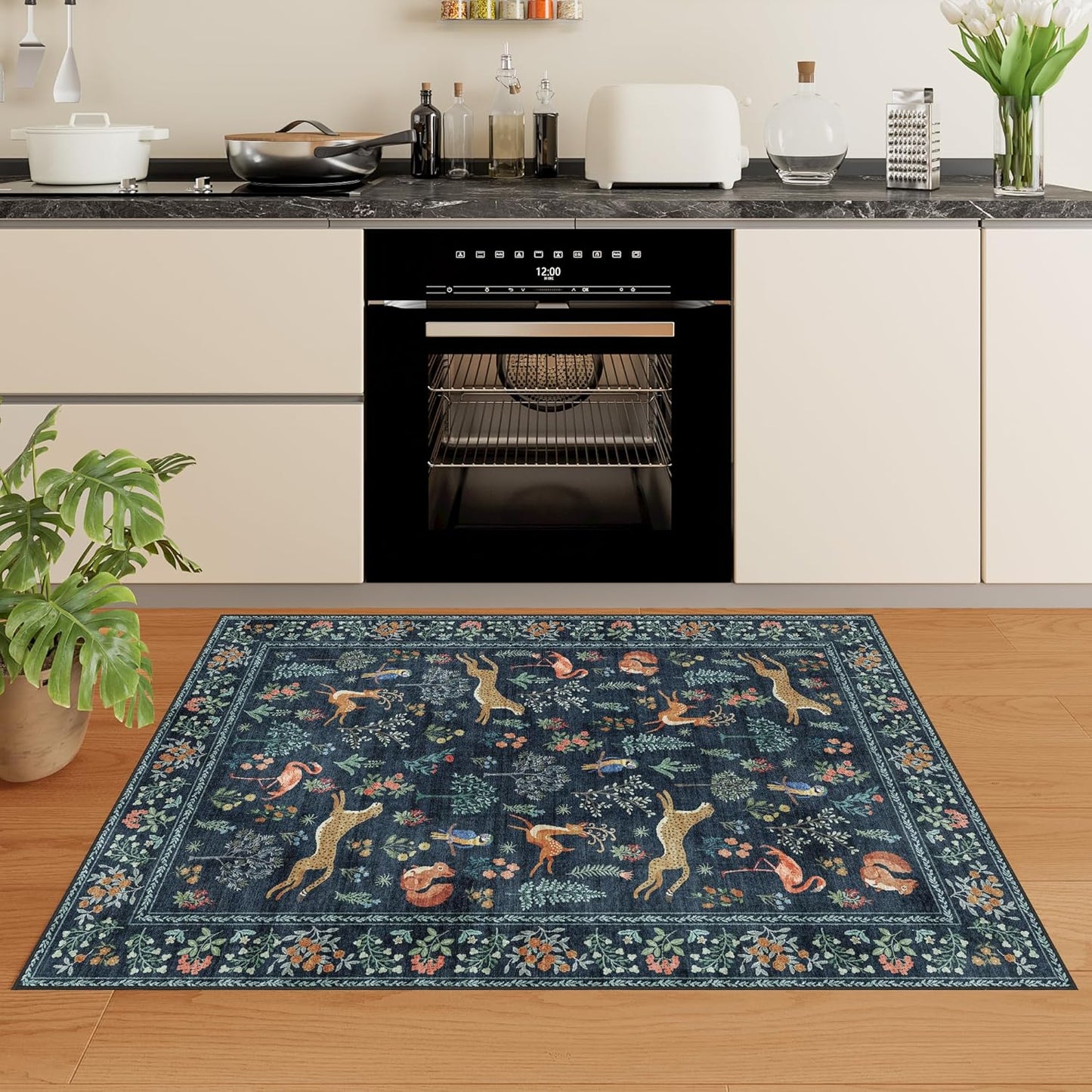 DUKINO 4x6 Rug, Washable Animal Area Rug with Non Slip Vintage Design, Indoor Soft Low Pile Carpet for Bedroom, Nursery, Dining Room, Farmhouse, Playroom, Navy Blue