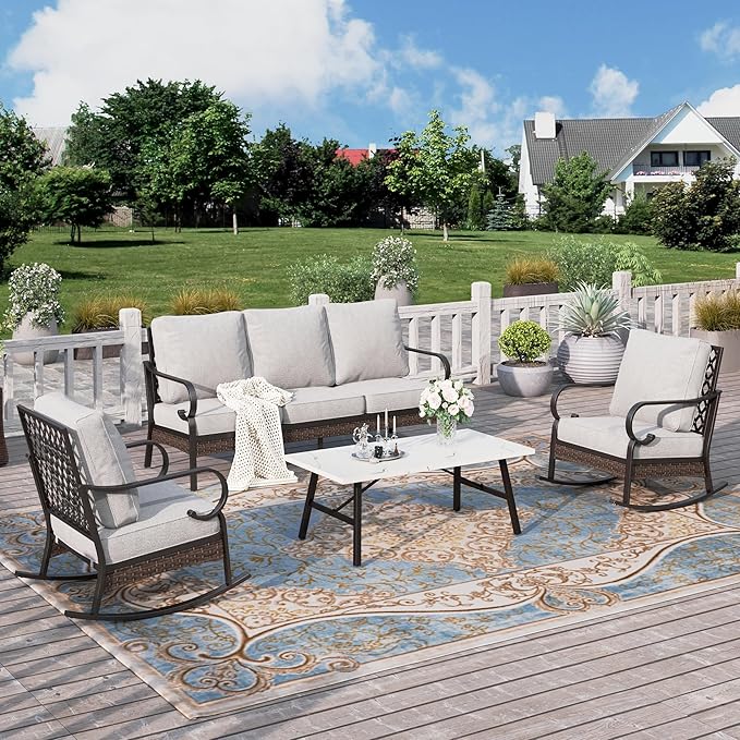 HERA'S HOUSE 4 Piece Metal Patio Furniture Set, All Weather Outdoor Conversation Set with 3 Seat Sofa, 2 Rocking Chairs & Coffee Table, Seats 5 for Backyard, Garden, Deck, Light Grey