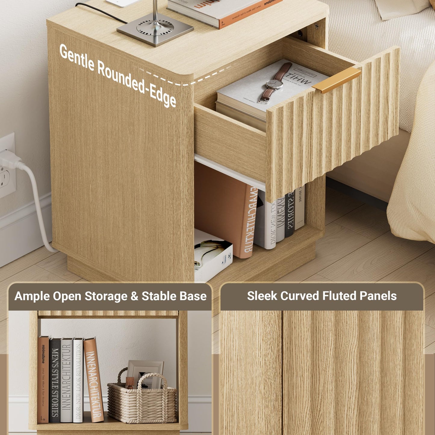 FavourLife Fluted Nightstand Set of 2 with Charging Station, 18" Bedside Table End Table with Drawer & Open Shelf, Mid Century Modern Night Stand for Bedroom Sofa Home Office, Natural Oak