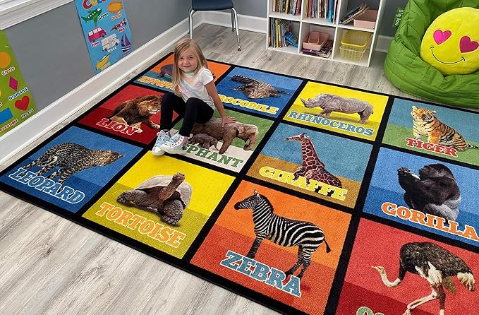 KIDCARPET.COM Animal Picture Squares 6' x 8'6" Rectangle Area Rug, Educational Classroom Rug, Kids Learning Play Mat | Area Rug for Bedroom or Playroom