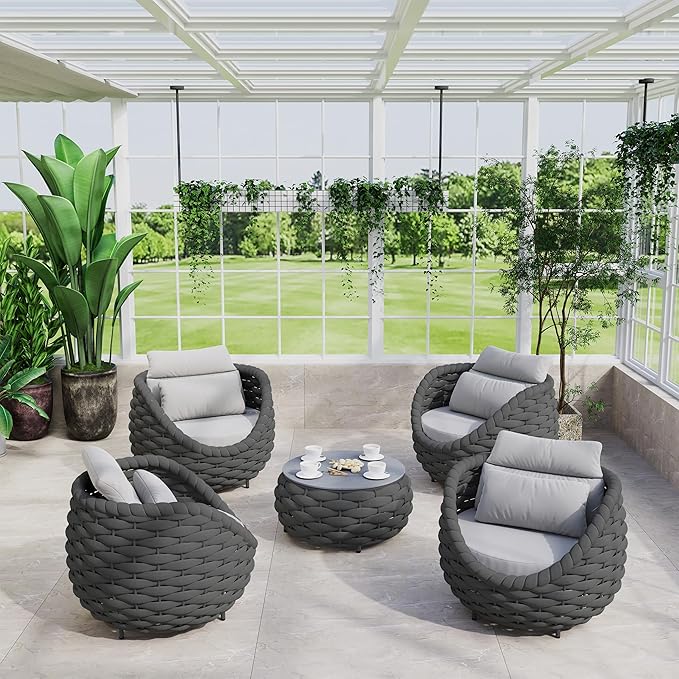 Erotr Front Porch Furniture Set: 5 Pieces Woven Rope Patio Conversation Set Aluminum - All Weather Cushioned Outdoor Sofa Set Assembled - Metal Modern Couch Set for 400lbs Deck Garden Poolside Hotel