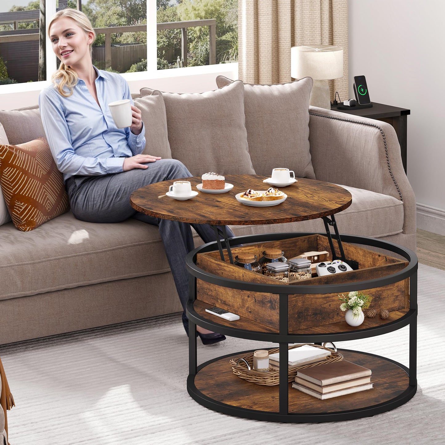 DWVO Round Lift Top Coffee Tables for Living Room, Circle Coffee Table with Storage & Hidden Compartment, Farmhouse Wood Coffee Tables with Lifting up Living Room for Home Office Samll Table, Brown