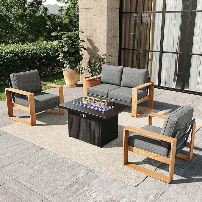4 Pieces Aluminum Patio Furniture Set, Outdoor Conversation Sets with High Backrest Sofa and Fire Pit Table for Garden and Backyard
