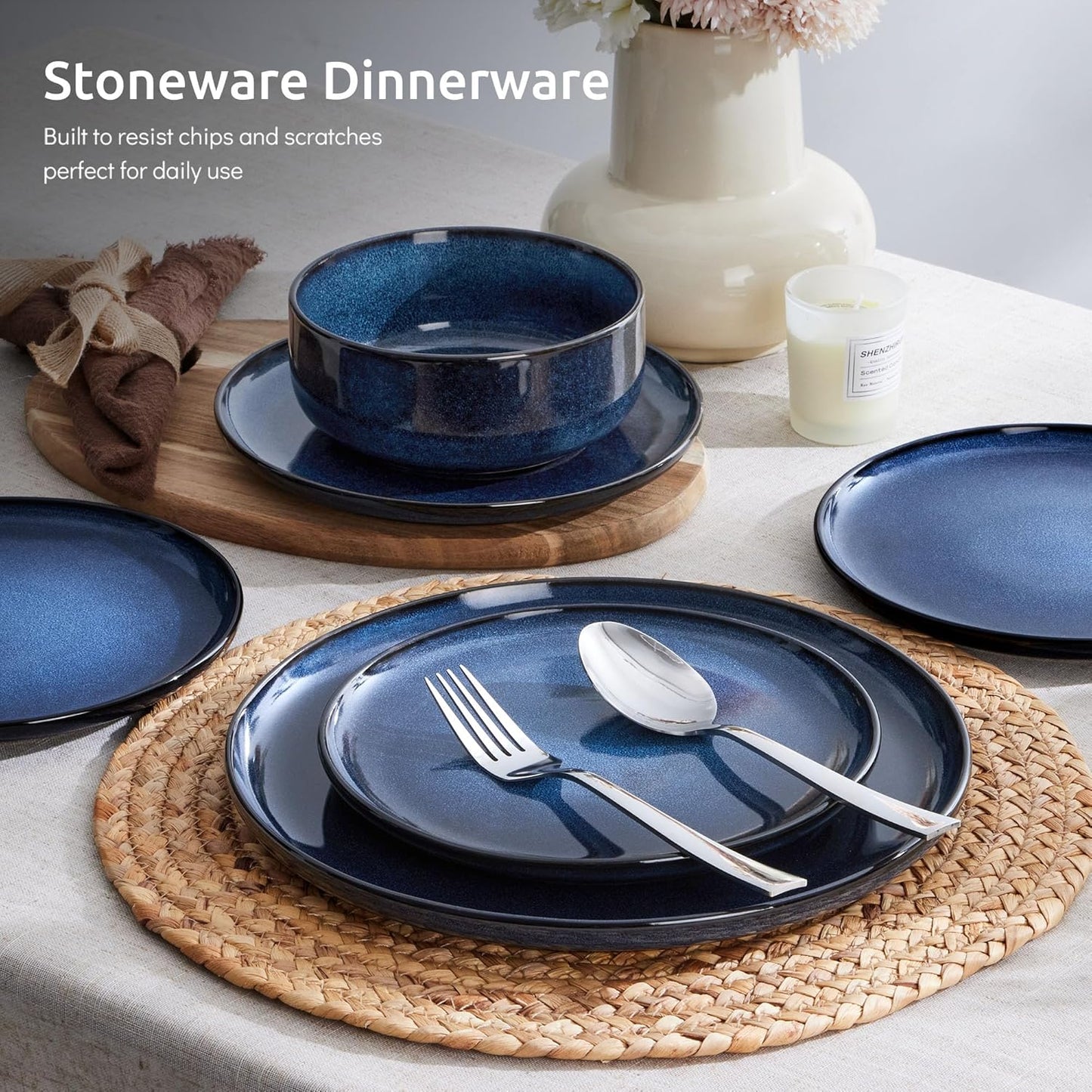 E-far Dinnerware Sets for 4, 12-Piece Stoneware Plates and Bowls Set, Ceramic Dishes Reactive Glaze Dinning Ware, Microwave & Dishwasher Safe - Deep Sea Blue
