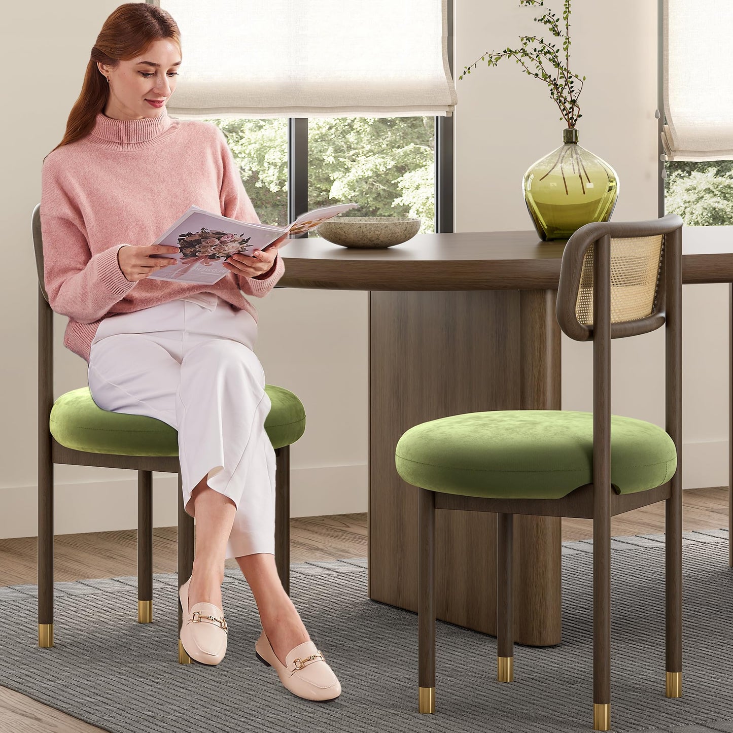 HoeuThien Upholstered Rattan Dining Chairs Set of 4, Mid Century Modern Kitchen Chairs with Curved Back and Solid Wood Legs Armless Accent Chair for Living Room Bedroom Restaurant, Walnut/Green Velvet
