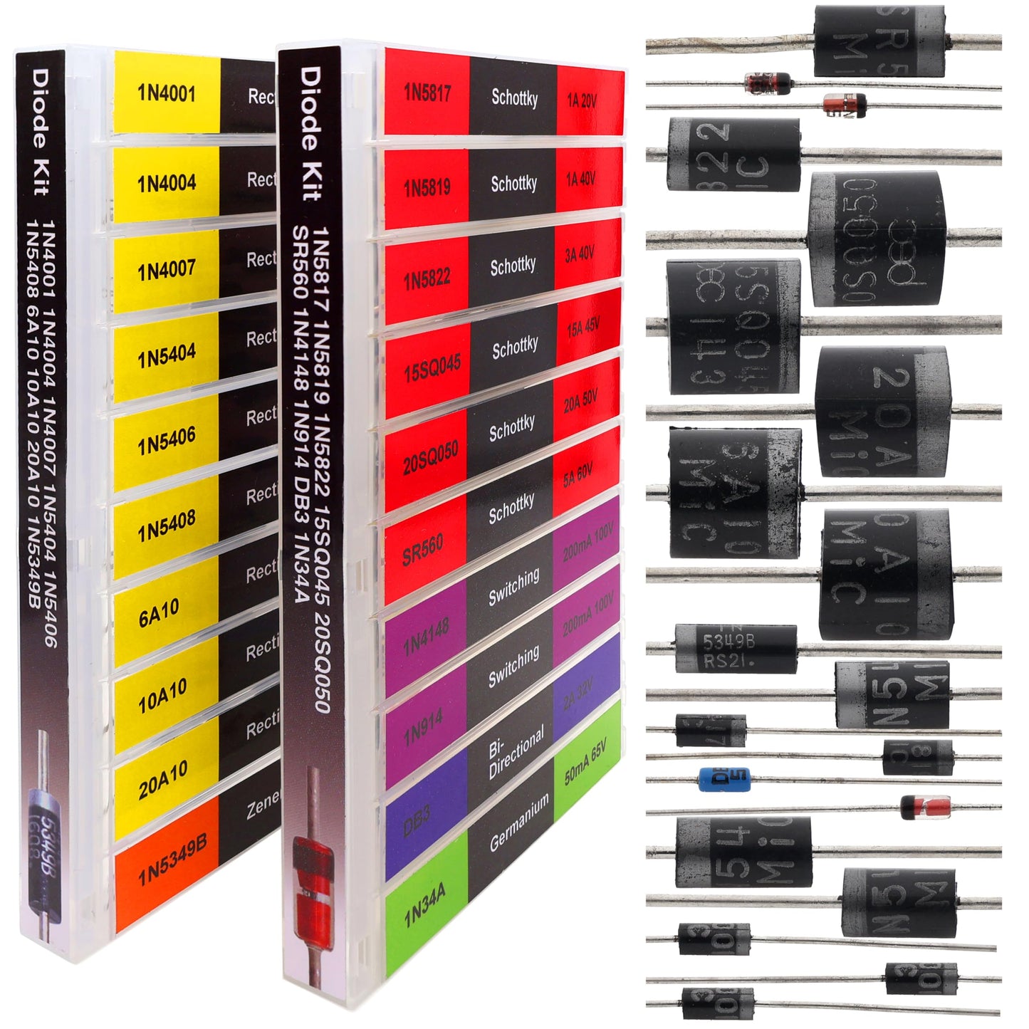 EEEEE 20 Kinds 200 Diode Assortment Kit 6A10 10A10 20A10 15SQ045 20SQ050 1N34A 1N914 SR560 DB3 1N5349B 1N4001 1N4004 1N4007 1N5404 1N5406 1N5408 1N4148 1N5817 1N5819 1N5822 Zener Schottky Rectifier