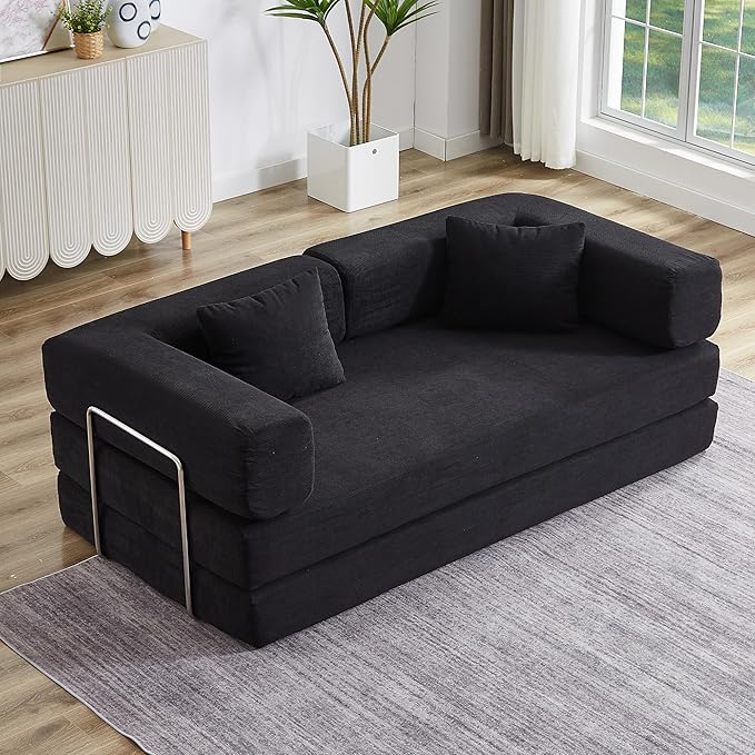 Convertible Couch Sofa Bed Foldable Floor Sleeper | All High-Density Foam | Fold Out Deep Seat Couch | King Size | Compression Sofa Sleeper for Living Room, Bedroom | Corduroy Black
