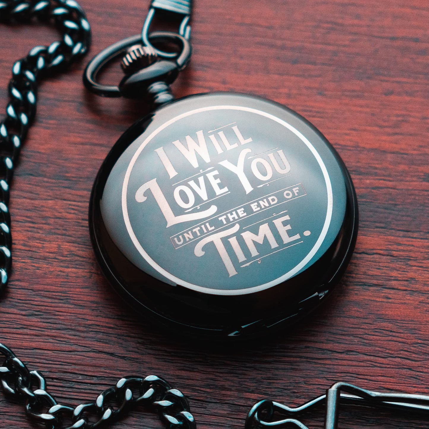 Engraved Pocket Watch with Chain for Husband or Boyfriend | Classy Gift Set for Anniversary or Any Occasion (I Will Love You Until the End of Time)