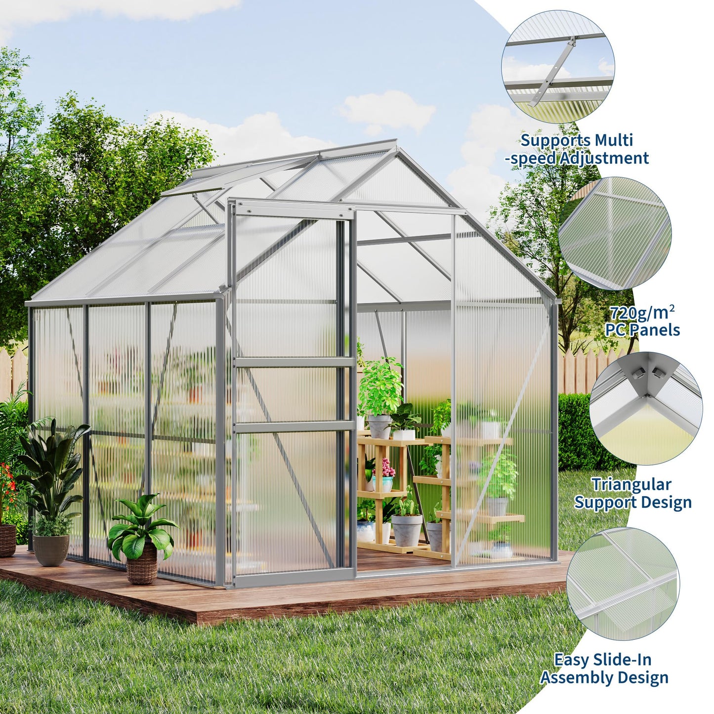 IDEALHOUSE 6 x 6FT Greenhouse for Outside, Polycarbonate Greenhouses with Aluminum Frame, Sliding Door, Adjustable Roof Vent for Backyard, Outdoor Green Houses Garden Backyard, Patio