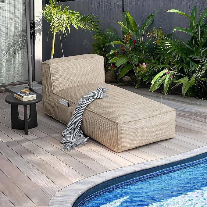 OPEAK Outdoor Bean Bed Chair Sun Lounger, Outdoor Couch Sofa for Patio & Pool, Foam Filling Day Bed Furniture, Comfy Lazy Sofa for Outside, Water-Resistant Seating Lounge Chair, Light Beige