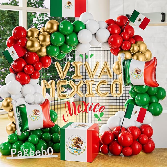 Mexico Balloon Arch Garland Kit, 154 pcs Green White Red Gold Mexico Flag VIVA Foil balloons for Mexico Independence Day J...