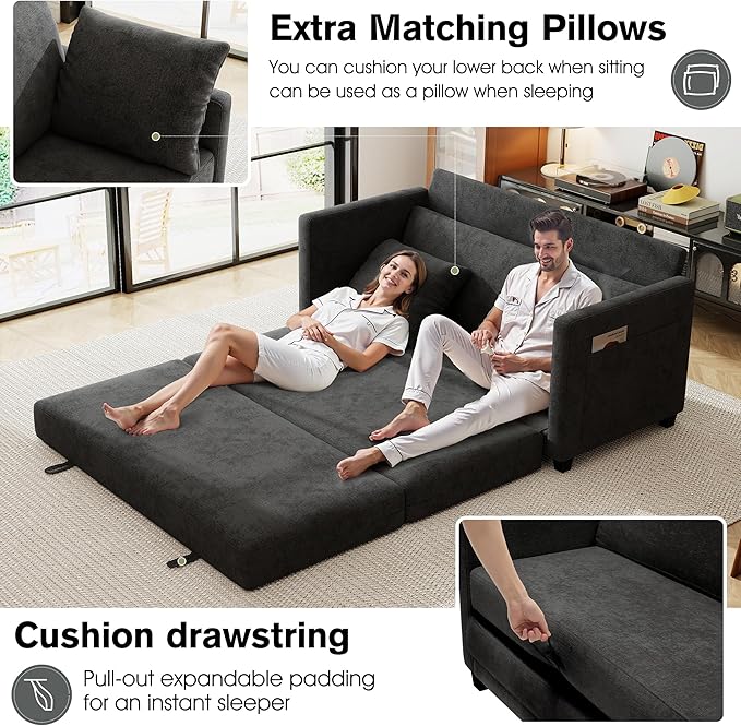 kakuboohi 65" Loveseat Sleeper Sofa Bed, Chenille Convertible Floor Sofa Bed for Small Spaces, Folding Couch Bed with Deep Seat, 2 Pillows & Solid Frame, Pull Out Floor Couch for Living Room, Black