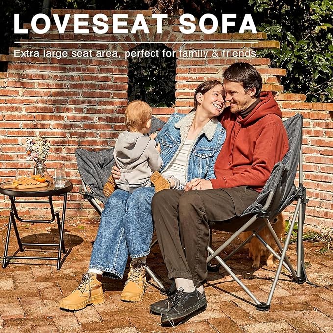 EVER ADVANCED Double Camping Chair for Adults, Padded Folding Camping Love Seat Bench with Side Pocket Portable Camping Couch, 2 Person Heavy Duty Outdoor Chair with Cushion,Support 600lbs, 2Pack