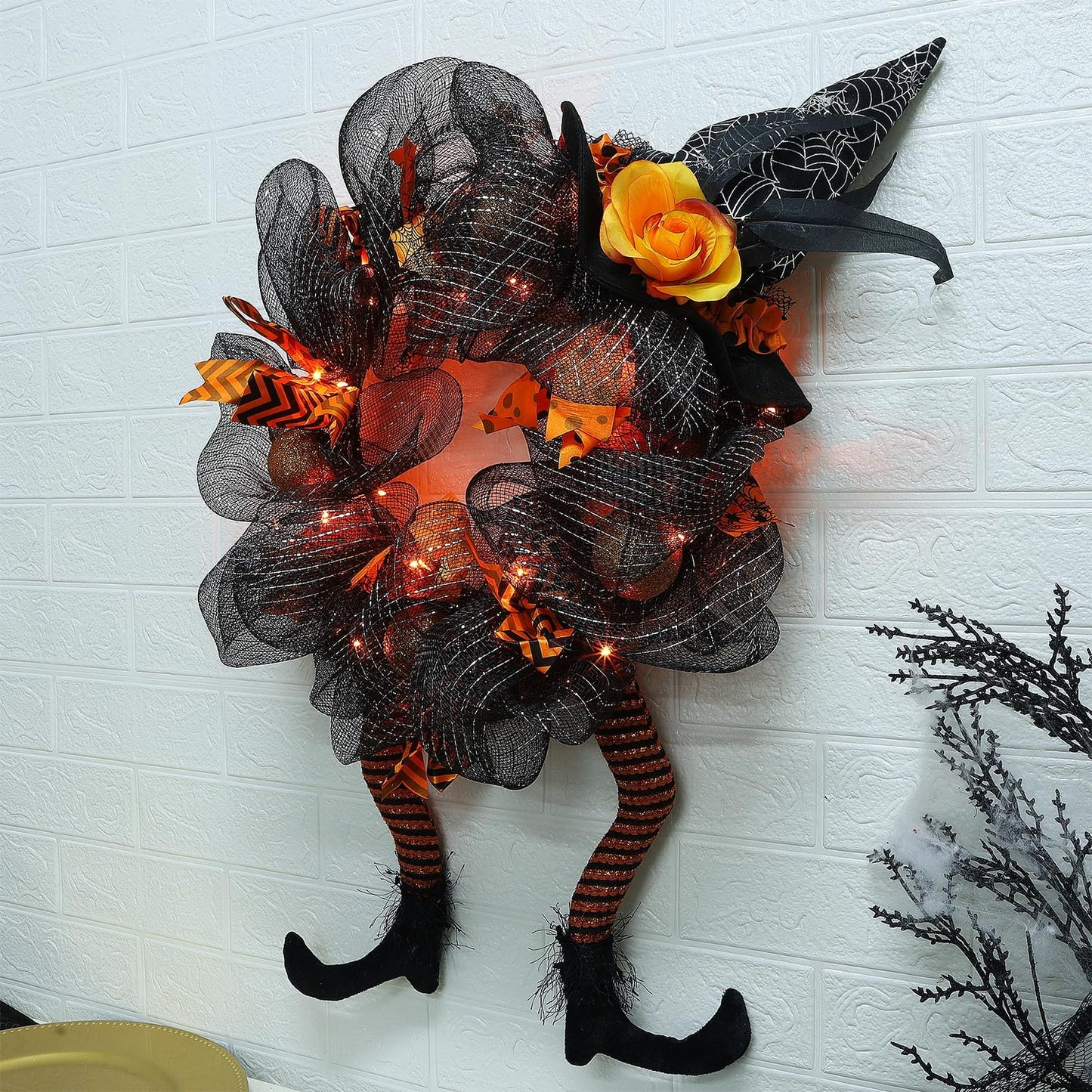 yosager Halloween Wreaths, Halloween Decorations Witch Hat and Legs Wreath, Lighted with 30 LED Orange Lights, Front Door Wall Light up Wreath Ornaments Holiday Party Thanksgiving Decor