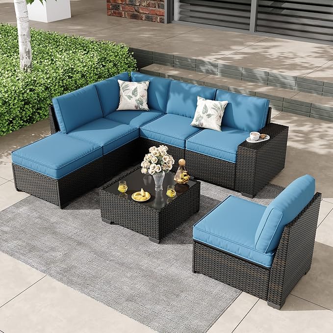 SunloungeCo 7 Pieces Outdoor Patio Furniture Set, Wicker Conversation Sets with Tea Table, Rattan Patio Sofa with Thick Cushions for Garden, Backyard Porch, Poolside,Peacock