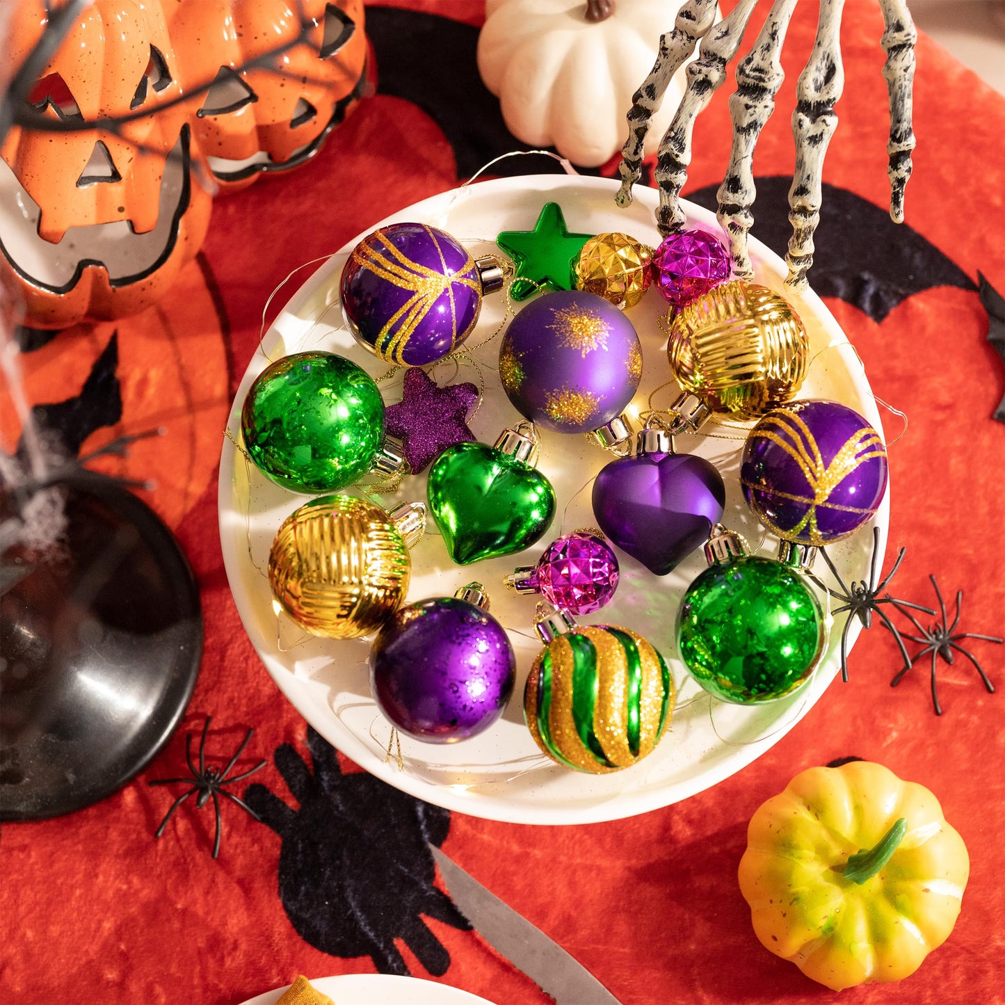 Valery Madelyn 28Pcs Halloween Heart Shaped Ornaments Gift Pack, Mardi Gras Craft Painted Tree Heart Decorations, Purple Green Gold Christmas Baubles Hanging Holiday Party Decor