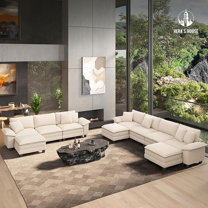 HERA'S HOUSE 124" Modular Sectional Sofa, Oversized U Shaped Couches for Living Room, Comfy Cloud Couch with Ottoman, 5-Seater Deep Seat Sofa with Throw Pillow, Chenille Beige