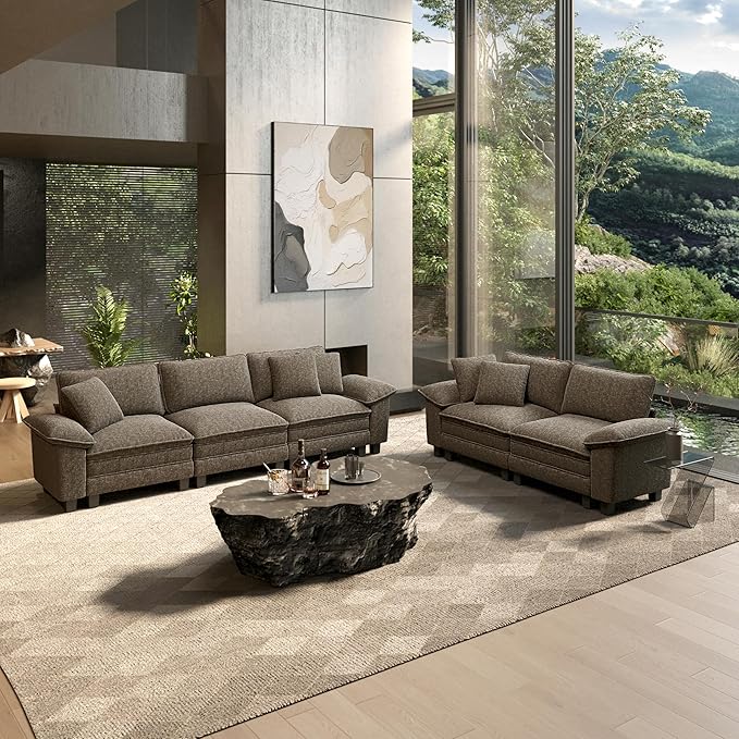 HERA'S HOUSE 2 Pieces Modular Sectional Sofa Sets, Oversized Couch Set with Loveseats, Comfy Cloud Couches with Throw Pillows, 5-Seater Deep Seat Sofa for Living Room, Chenille Ash