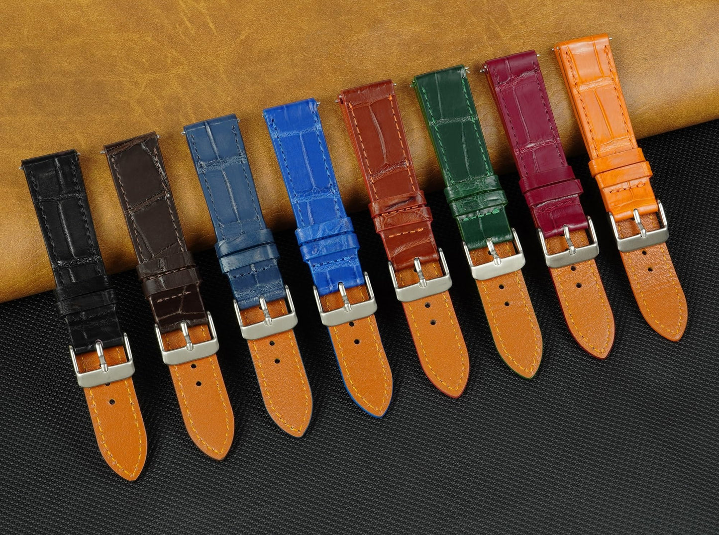 21mm Flat Blue Navy Leather Watch Band Quick Release Handmade Leather Strap Slim Croc Replacement Wristband Men Stainless Steel Buckle Christmas Father's Day Gift for Dad Son Husband DH-NO-04-21MM