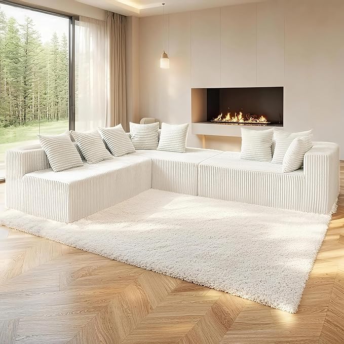 SEENYOO 130" Boneless Couch, Cloud Couch Sectional, Corduroy Sofa for Living Room, U Shaped Modular Sofa with Chaise, No Assembly, 4 Seats Oversized (White)