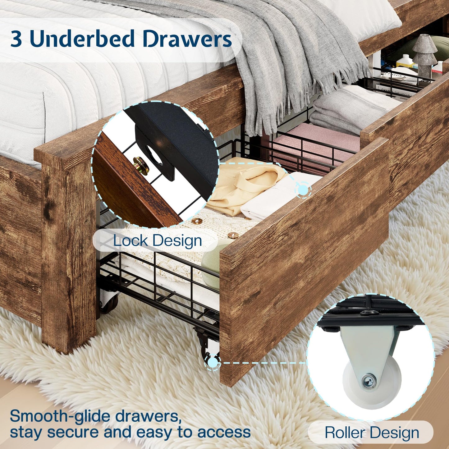 Jocisland Twin Daybed with Bookcase Headboard, USB-C Charging, RGB Lights & 3 Drawers, No Box Spring Needed, Wood Bed Frame for Teens, Dorms, Guest Room, Rustic Oak