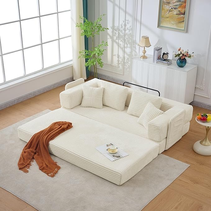 79.5" Folding Convertible Sofa Bed with Side Storage Pockets, 4-in-1 Corduroy Boneless Couch, No Assembly Loveseat Sleeper, Floor Sofa Daybed Futon Couch for Living Room Bedroom Lounge, Beige Upgraded
