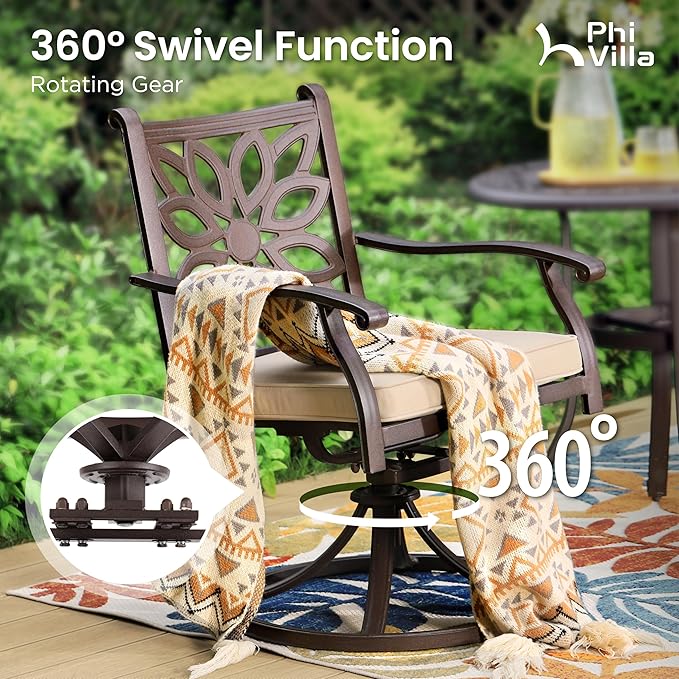 PHI VILLA Cast Aluminum Outdoor Patio Swivel Dining Chairs, Extra Wide Armrest Chairs with Seat Cushion, Casting Aluminum Back for All Weather, Set of 2