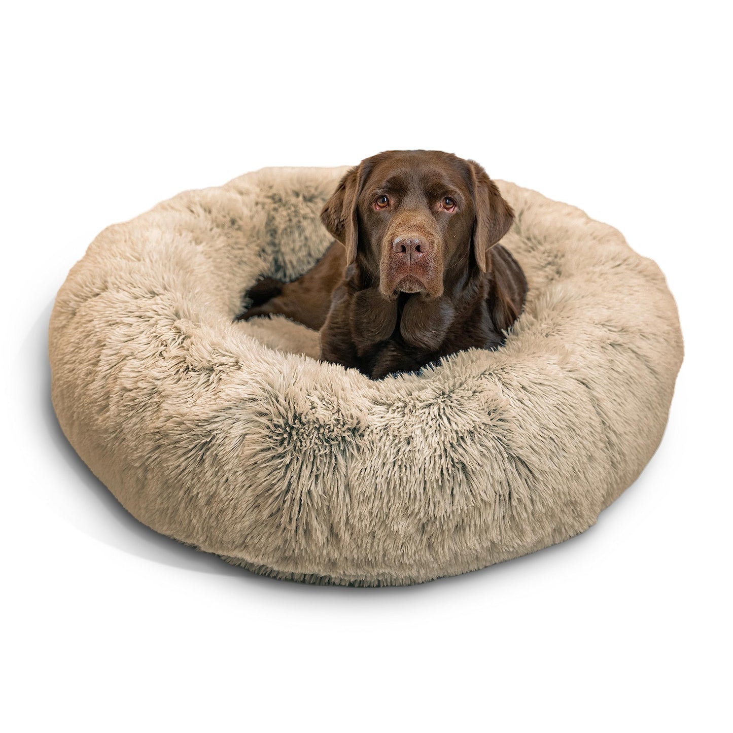 Best Friends by Sheri Original Calming Donut Dog and Cat Bed, Shag Faux Fur, Taupe, Large (36in x 36in) - Helps Provide Anxiety Relief for Pets