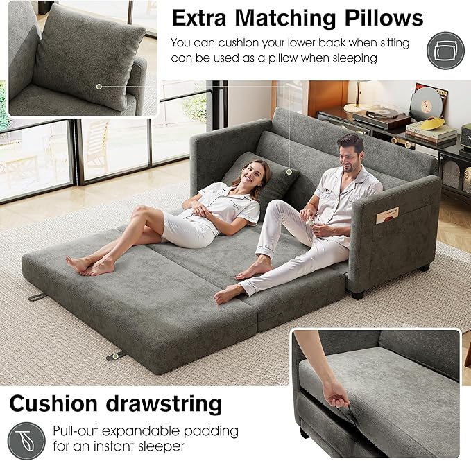 kakuboohi 65" Loveseat Sleeper Sofa Bed, Chenille Convertible Floor Sofa Bed for Small Spaces, Folding Couch Bed with Deep Seat, 2 Pillows & Solid Frame, Pull Out Floor Couch for Living Room, Grey
