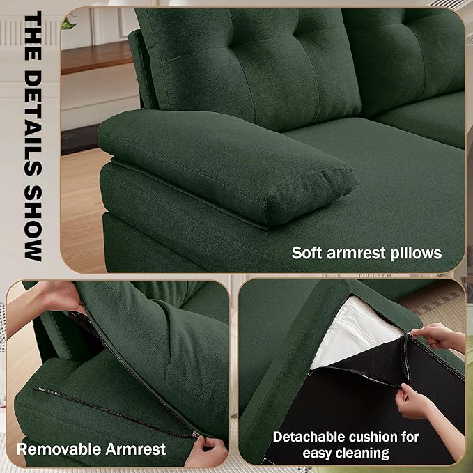 Chireca 111" Sectional Couch for Living Room, Modern Polyester Fibre U Shaped Sofa Couches with Double Chaise, Upholstered 4 Seater Sofa for Living Room, Apartment, Office, Dark Green