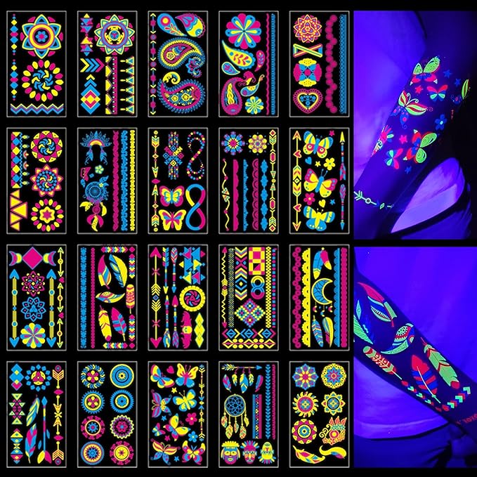 Glow in the Dark Tattoos 172 PCS – Glow in the Dark Party Supplies, Neon Body Paint Be UV Blacklight Reactive Face Tempora...