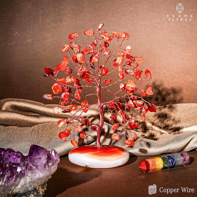KARMAPLEDGE Crystal Tree of Life Home and Office Feng Shui Decor, Carnelian Healing Crystal Handmade Bonsai Tree for Positive Energy, Good Luck, Money, Christmas Decor, Birthday Gifts for Women, Mom