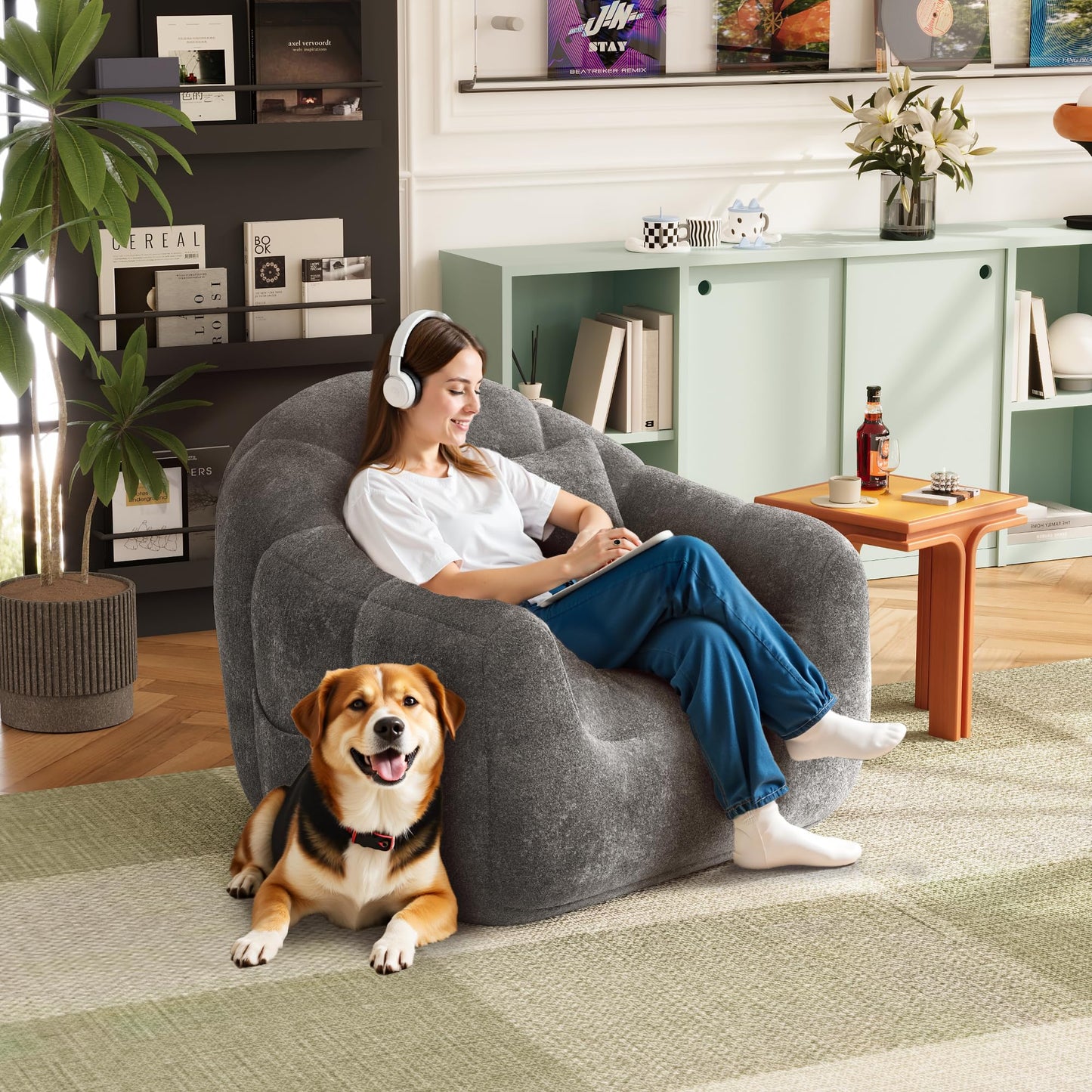 Homall Bean Bag Chair, Oversized Bean Bag Couch with Shredded Sponge Filler, Pumpkin Shaped Large Floor Sofa for Gaming, Reading, Relaxing in Living Room and Bedroom (Grey)