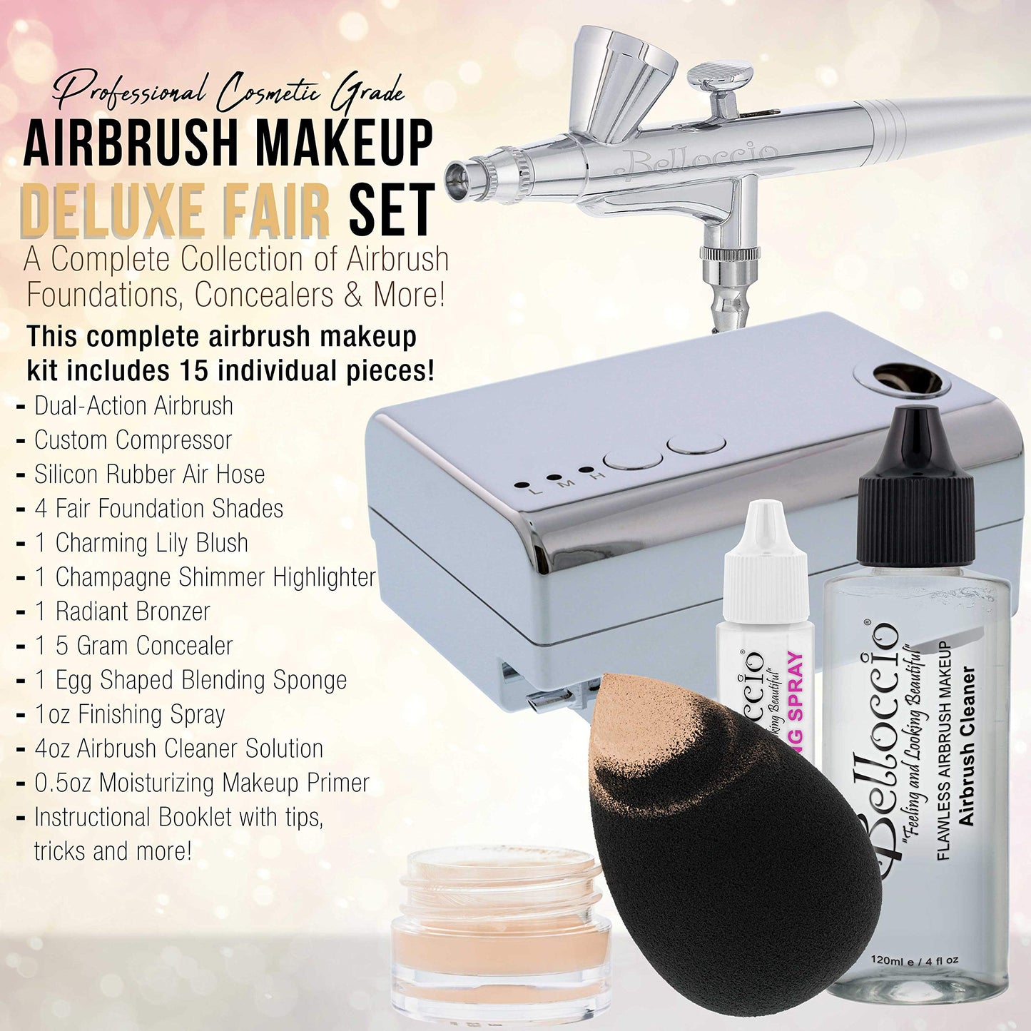 Belloccio Professional Beauty Deluxe Airbrush Cosmetic Makeup System with 4 Fair Shades of Foundation in 1/2 oz Bottles - Kit in