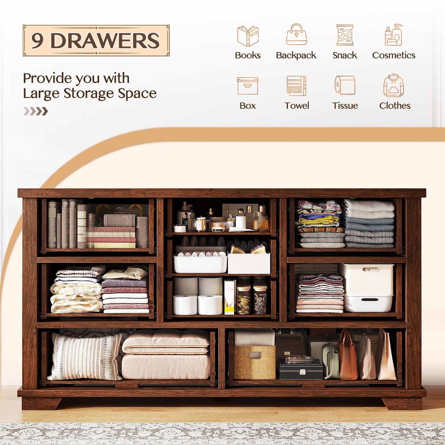 EnHomee Farmhouse 9 Drawer Dresser for Bedroom, 52" Wooden Dresser with Vintage Design, Hallway, 15.6" D x 52" W x 36" H Antique Brown