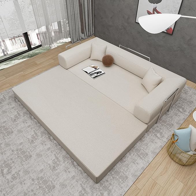 Convertible Couch Sofa Bed Foldable Floor Sleeper | Upgraded ALL High-Density 35D Foam | Fold Out Deep Seat Couch | King Size | Compression Sofa Sleeper for Living Room, Bedroom | Corduroy Beige
