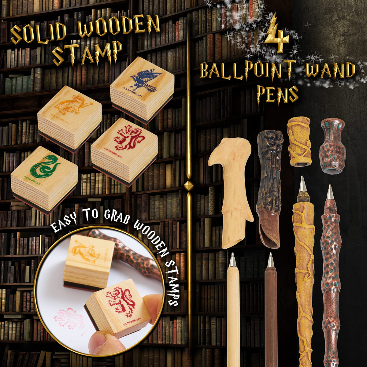 Harry Potter Stationary Set for Boys Girls with 4 Wand Pens Black Ink Marauders Map Hogwarts House Stamp Kit Cute School Supplies Gifts for Kids