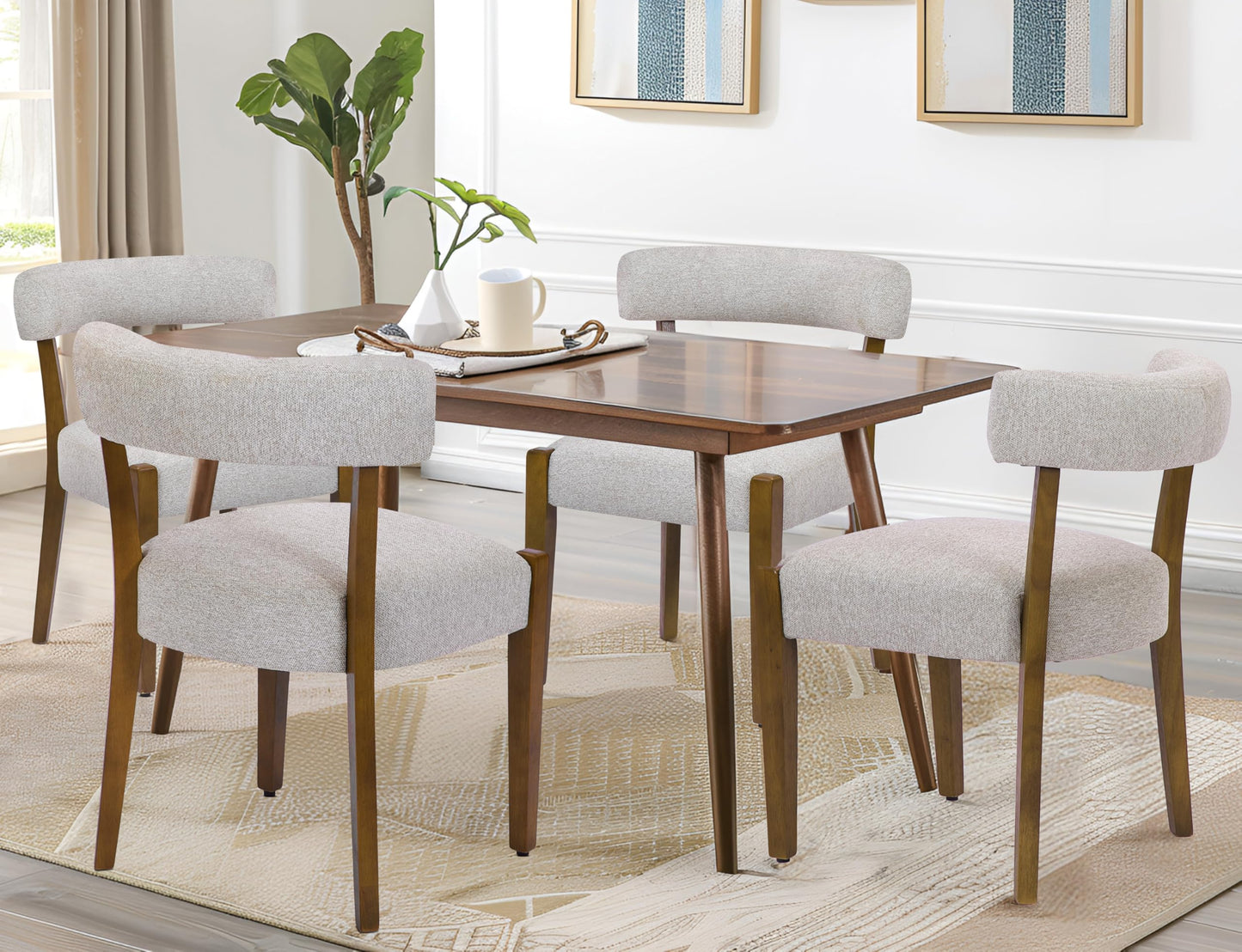 RNKSFX Wooden Dining Chairs Set of 4 Upholstered Kitchen & Dining Room Linen Fabric Chairs Mid Century Modern Dining Woven Chairs Low Back, Beige Fabric