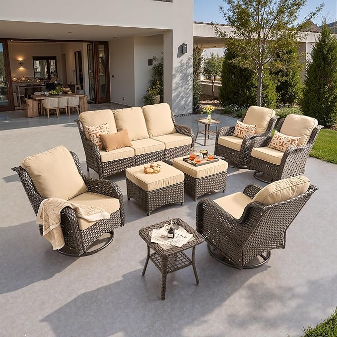 ovios 9 Pieces Patio Furniture Set, Outdoor Wicker Sofa Couch with Swivel Chairs Ottomans Comfy Cushions, High Back Modern All Weather Conversation Sets, Brown Rattan, Beige