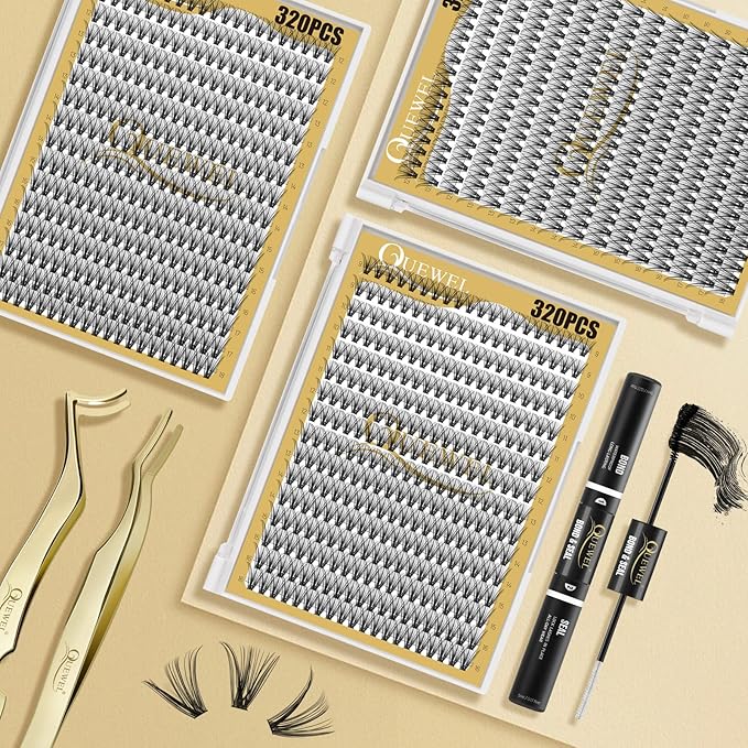 QUEWEL Lash Clusters 320Pcs Cluster Lashes 30D D Curl Lash Cluster Eyelash Extensions Mix9-16mm Individual Eyelashes Clusters Wispy Lash Clusters Thin Band Soft to Use at Home(30D D Mix9-16)