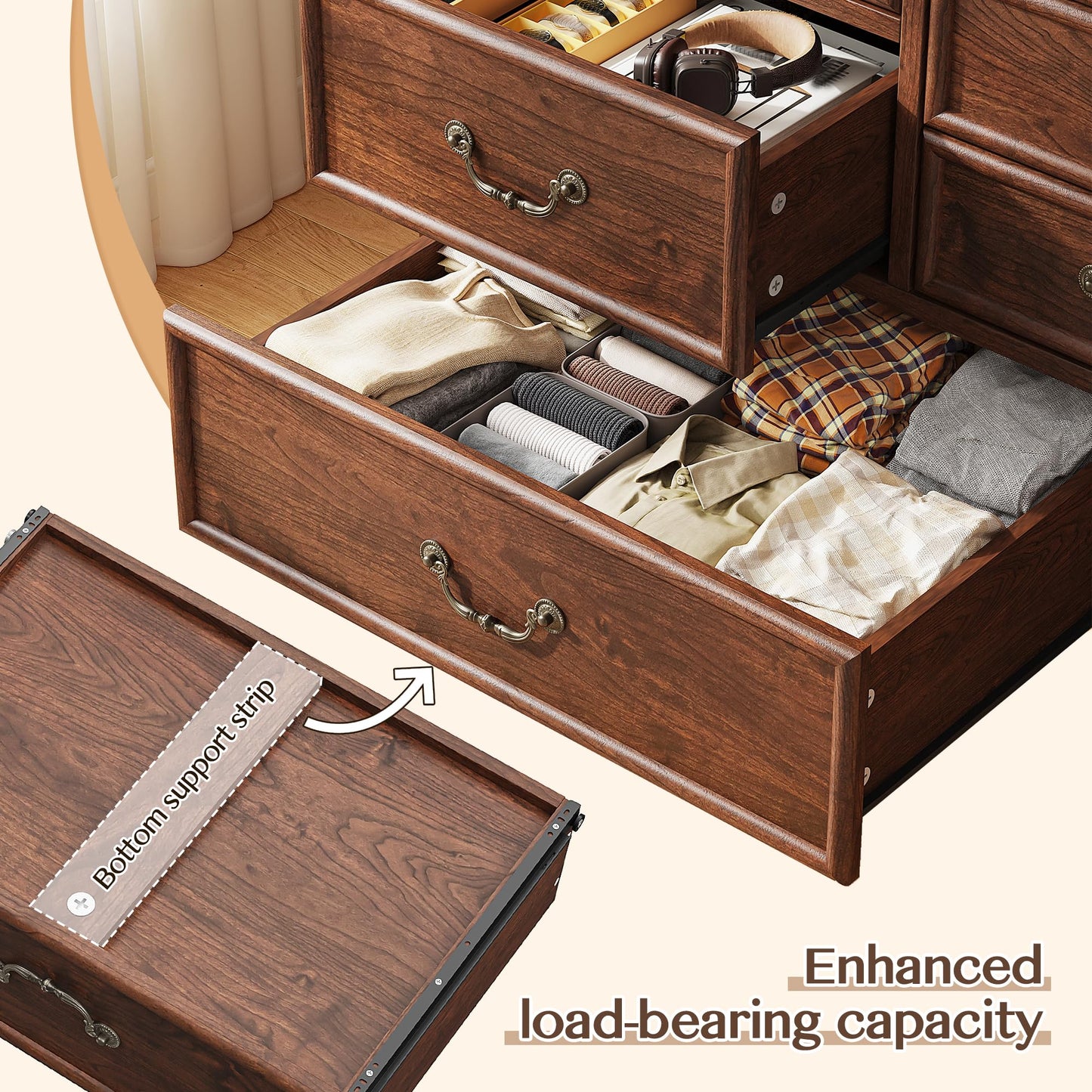 EnHomee Farmhouse 9 Drawer Dresser for Bedroom, 52" Wooden Dresser with Vintage Design, Hallway, 15.6" D x 52" W x 36" H Antique Brown