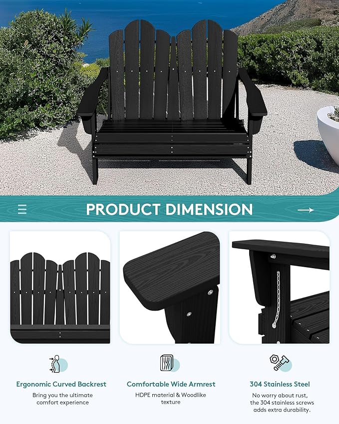 SERWALL Folding Adirondack Bench, HDPE All-Weather Adirondack Loveseat Set of 2, Black