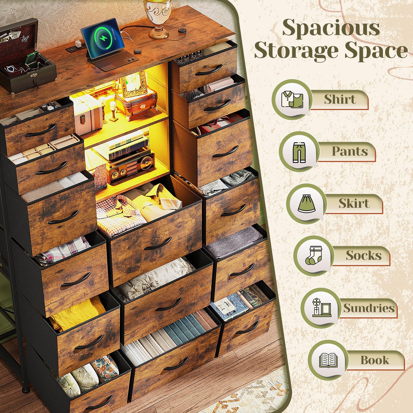 Romorgniz Tall Dresser for Bedroom with Charging Station and LED, Fabric Chests of Drawers with 15 Drawers and Extra 2 Open Shelves for Storage and Organization, for Closet, Hallway (Rustic Brown)