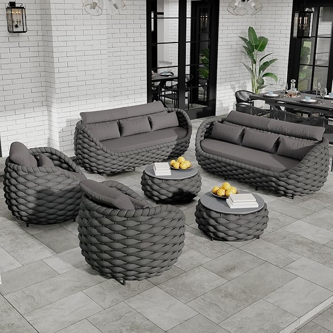 Erotr Lanai Outdoor Furniture Set: 6-Piece Aluminum Woven Rope Patio Conversation Set - Modern Cushions Sofa Set Assembled - Porch Seating Couch Set for Deck Yard Garden Pool Hotel Resort, Dark Grey