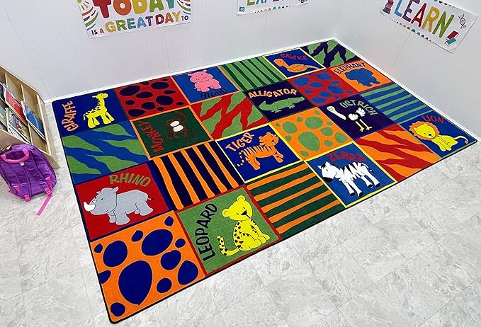 KIDCARPET.COM Animal Squares Nylon Area Rug, 7'6" x 12', Multicolored, Educational Classroom Rug, Kids Learning Play Mat | Area Rug for Bedroom or Playroom